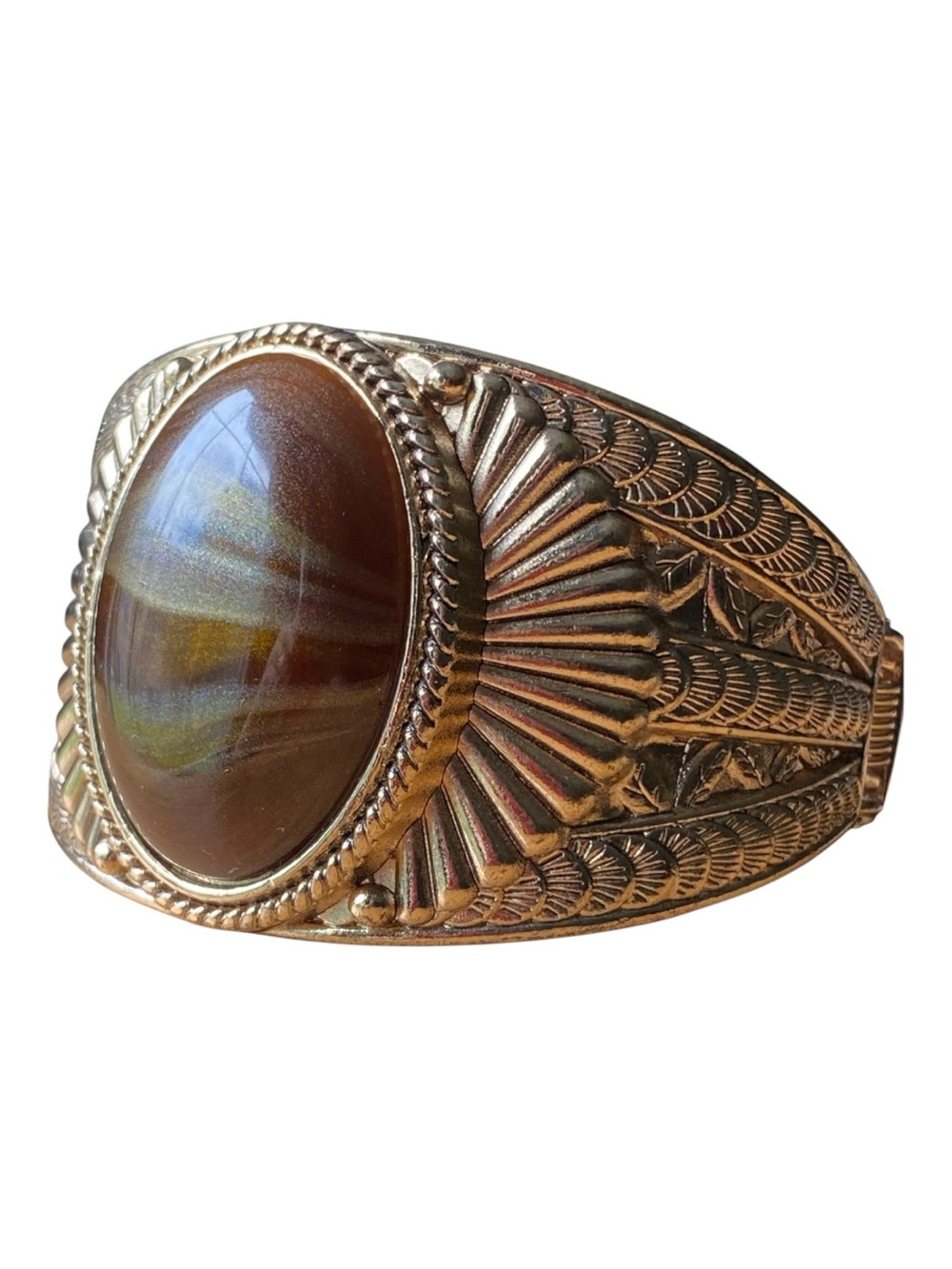 Vintage Style Brown Natural Agate Stone Brass Cuff Bracelet